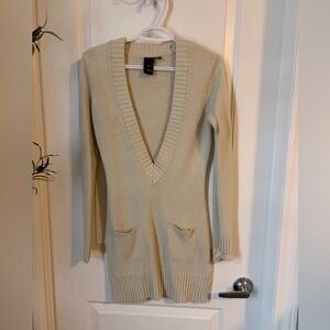 V-Neck Cream Sweater Dress